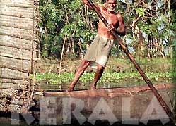 A man poles a boat on the Trivandrum backwaters